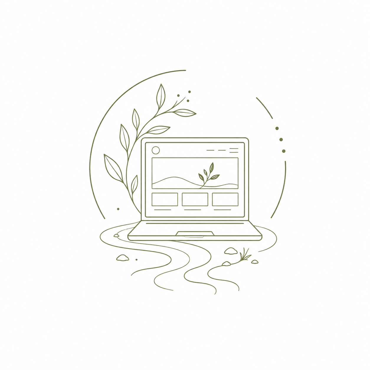 Minimalist line drawing of a laptop with nature-inspired elements, including leaves, rocks, and a winding path, suggesting eco-friendly or nature-themed digital content.