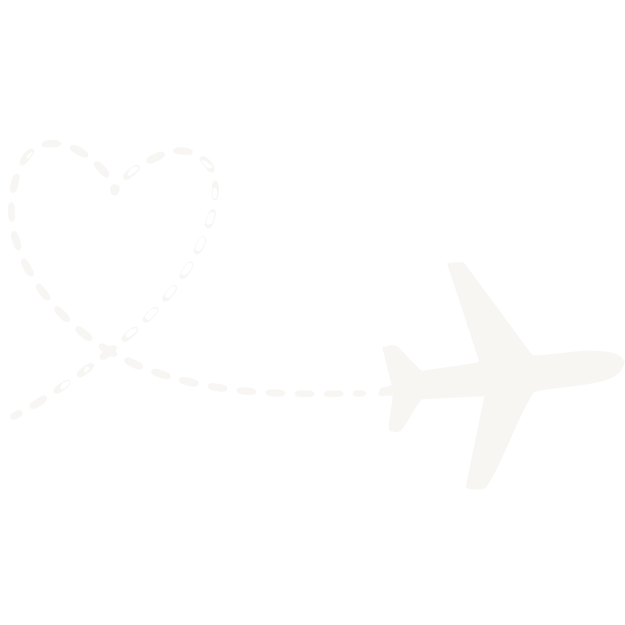 An airplane taking off with a dashed flight path line behind it.