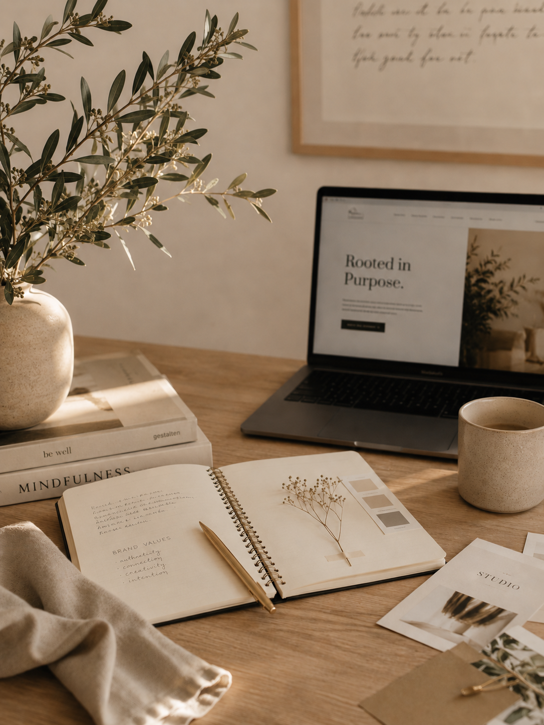 A workspace featuring a wooden desk with an open notebook, a gold pen, a potted plant, a laptop displaying a website titled 'Rooted in Purpose,' a ceramic cup filled with a beverage, scattered photographs, and a stack of books including titles related to mindfulness and brand values. A framed handwritten note hangs on the wall in the background.