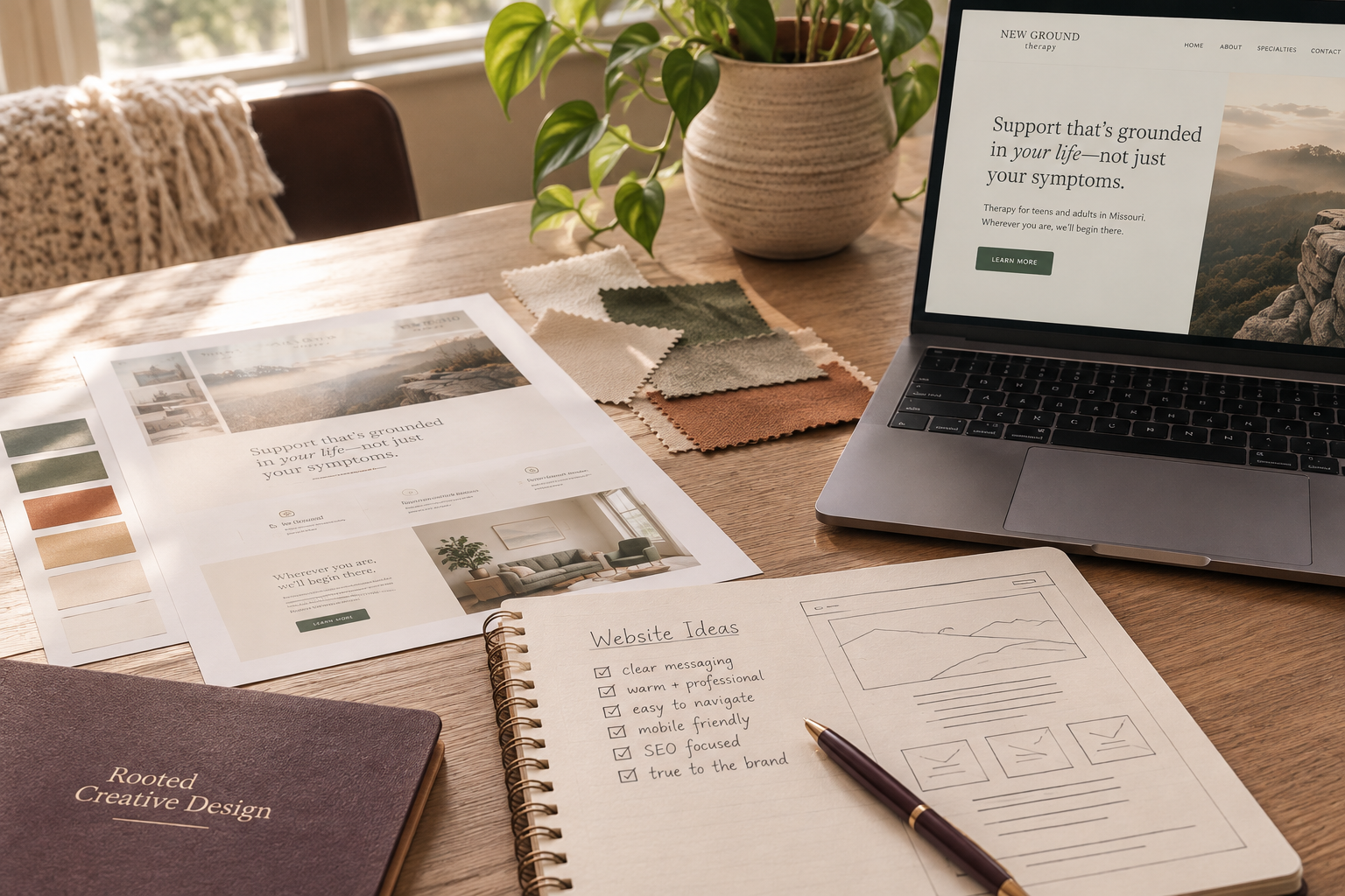 Custom Squarespace therapy website displayed on a laptop with brand design materials