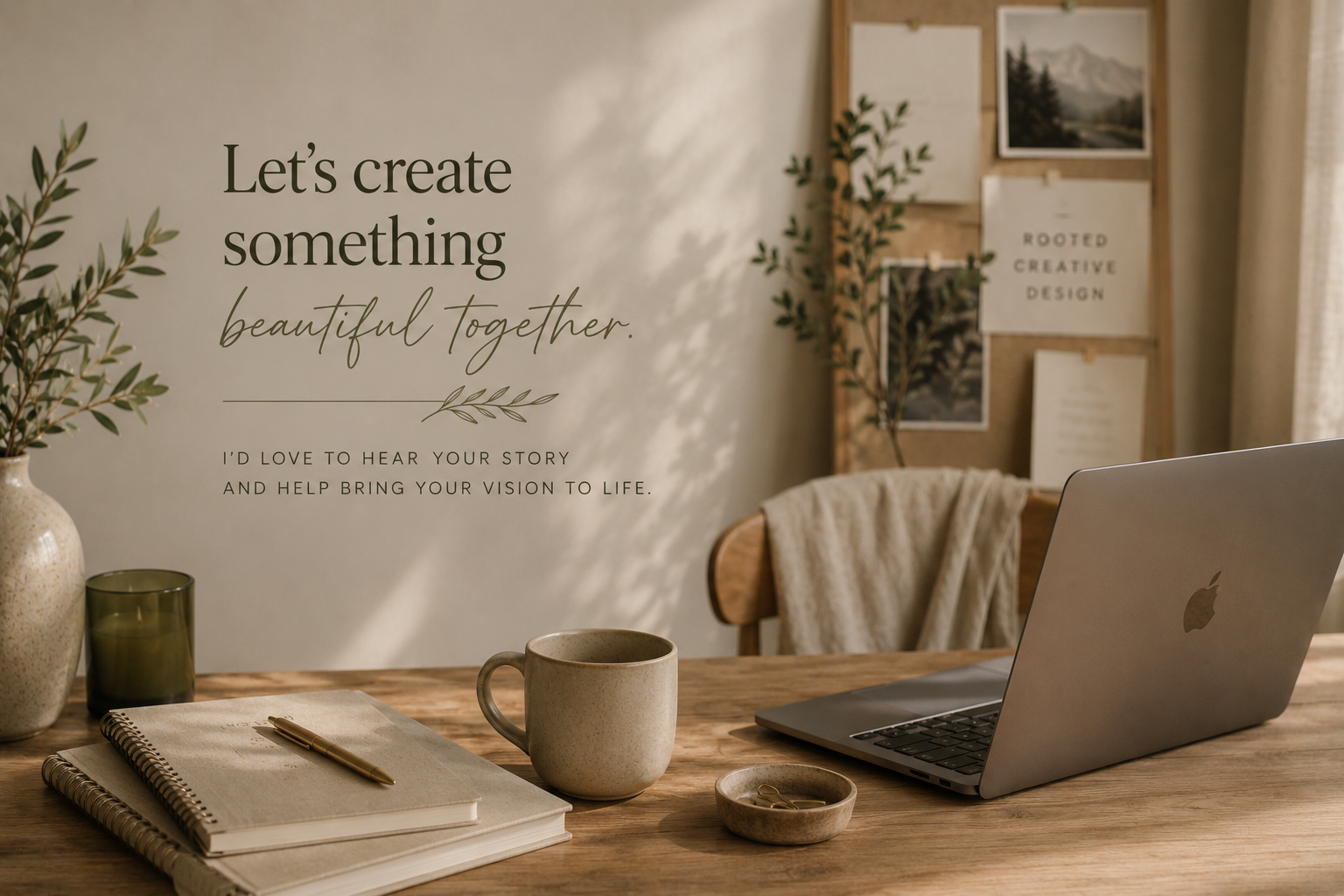 A cozy workspace with a wooden desk featuring a closed Apple MacBook, a beige ceramic mug, a small clay dish, a notebook with a pen on top, a dark green glass, and a cream-colored vase with leafy greens. In the background, there is a wall with framed landscape photos and a quote that reads, 'Let's create something beautiful together.'