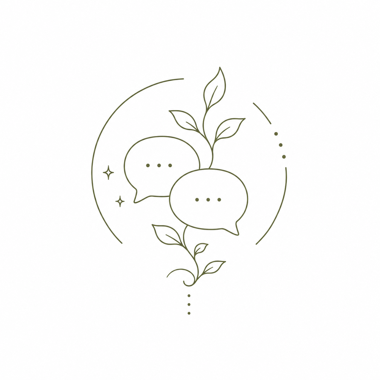 Minimalist line drawing of two speech bubbles intertwined with a flowering plant, surrounded by decorative dots and sparkles.