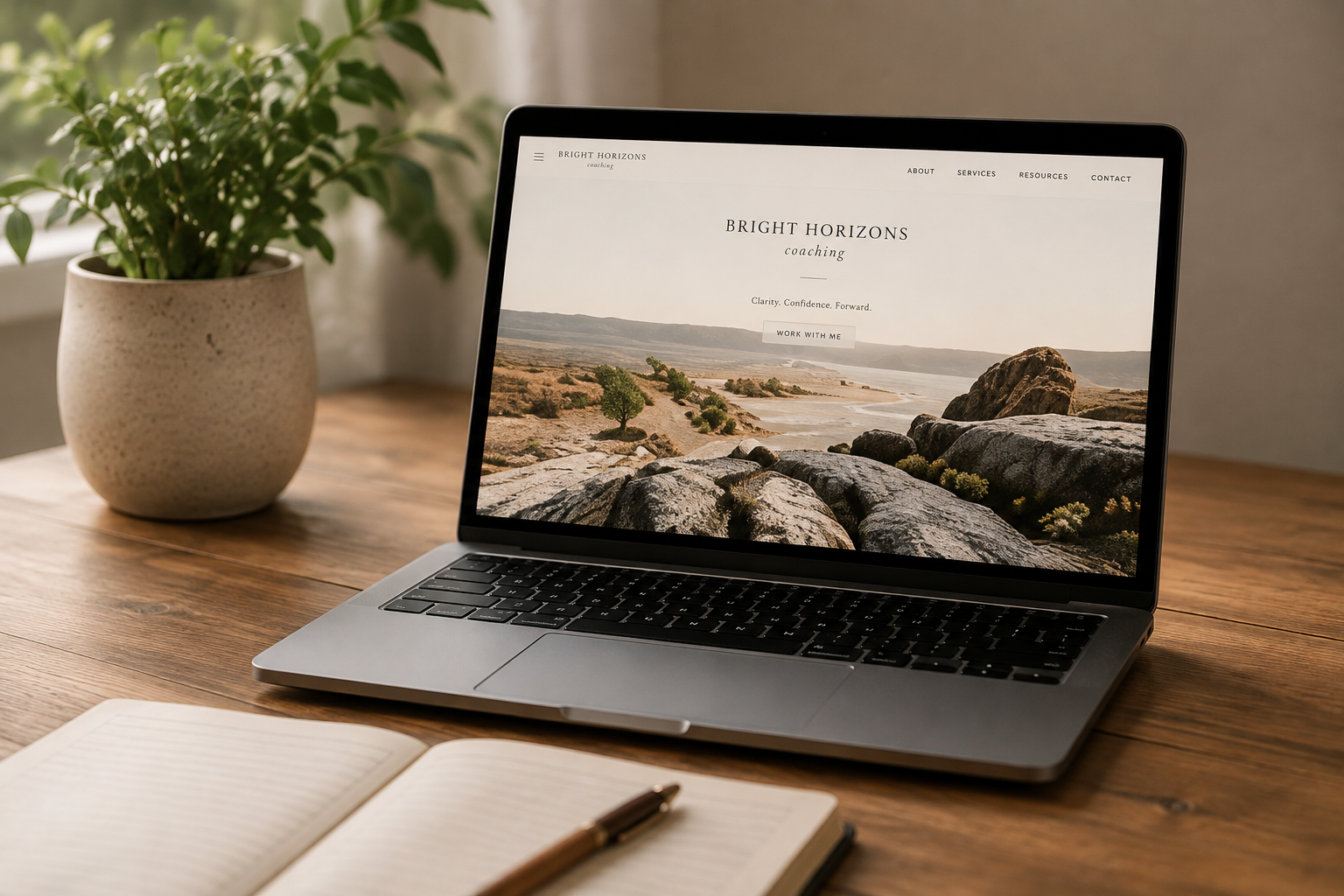Custom Squarespace website displayed on a laptop in a warm workspace