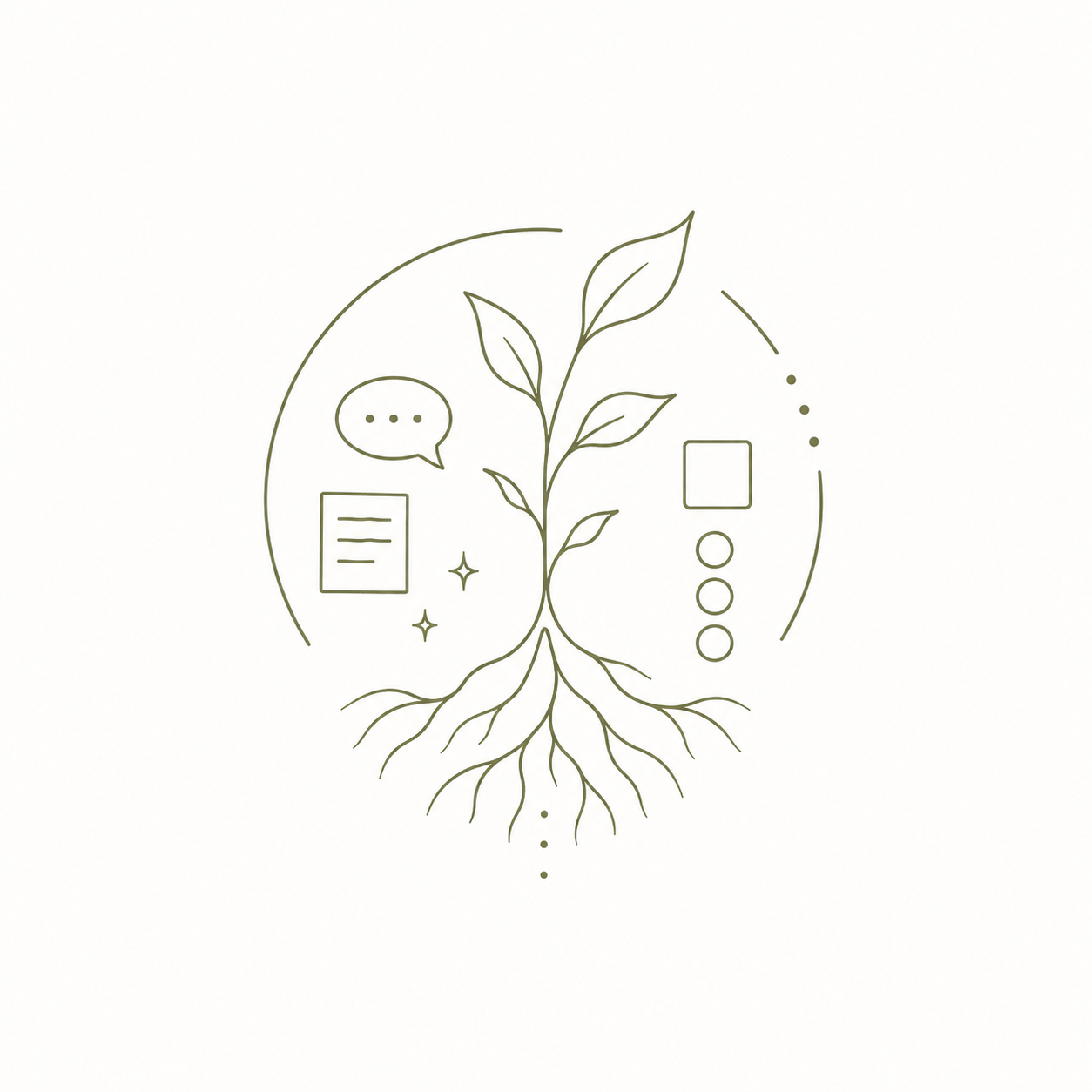 A minimalist line drawing of a plant with roots, surrounded by icons representing communication, notes, and data.