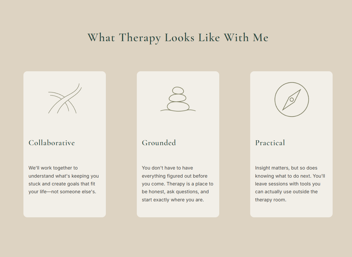 New Ground Therapy website design featuring collaborative, grounded, and practical therapy approach cards