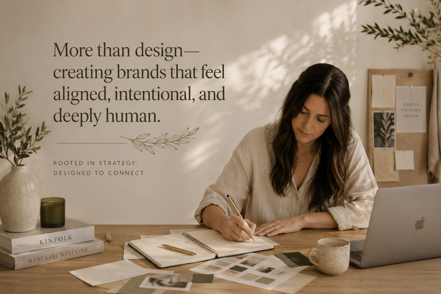 A woman working at a desk with a laptop, notebooks, and color swatches, in a cozy, well-lit room with a quote on the wall about design and connection.