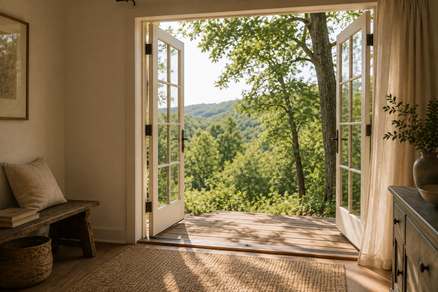 Warm, light-filled interior with open doors overlooking a wooded Missouri Ozarks landscape