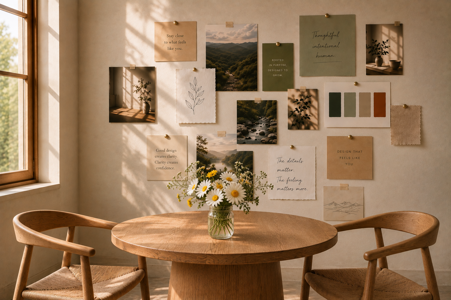 Round oak table and chairs in front of a creative vision board with fresh daisies