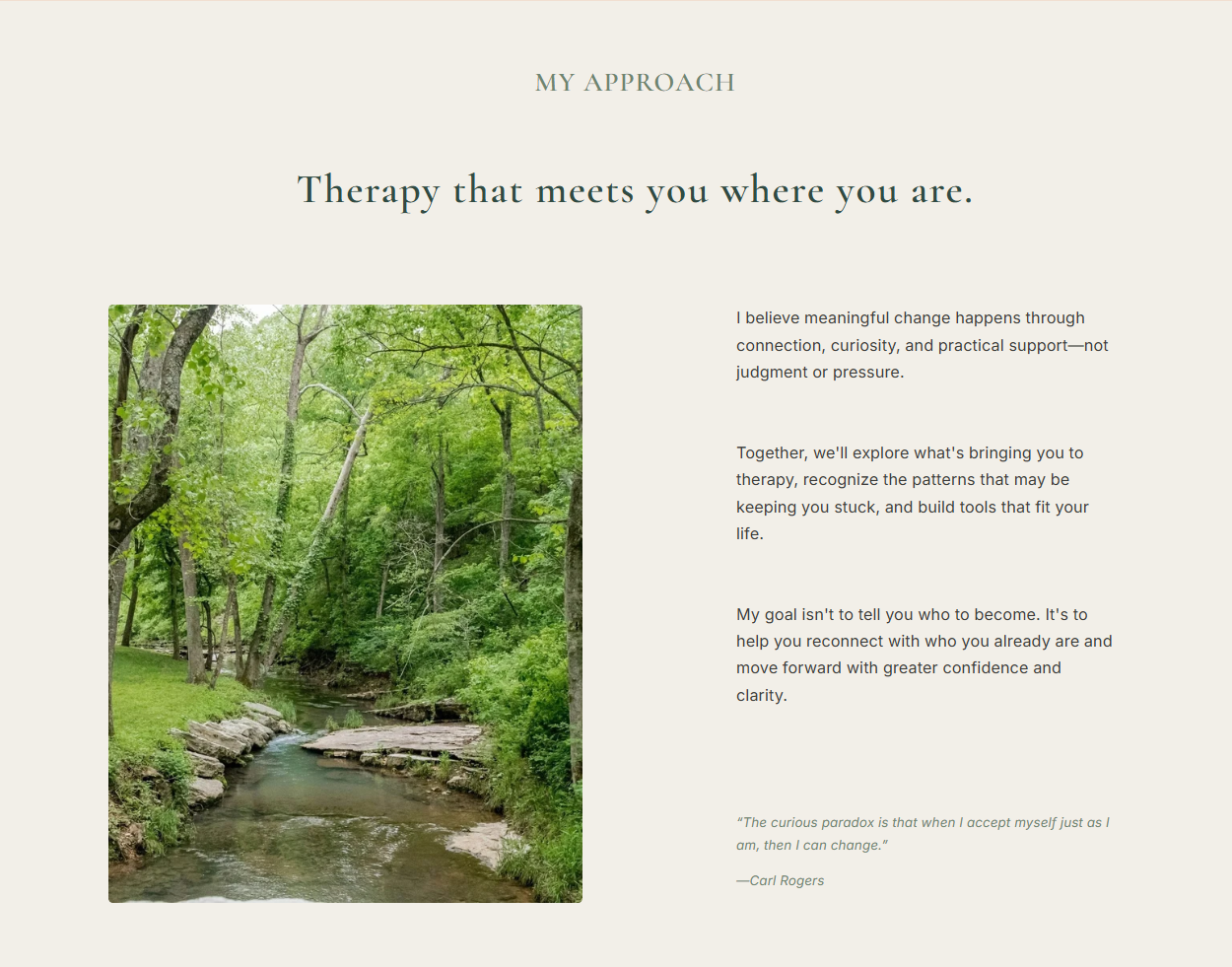 New Ground Therapy website section featuring a nature photograph and therapy approach