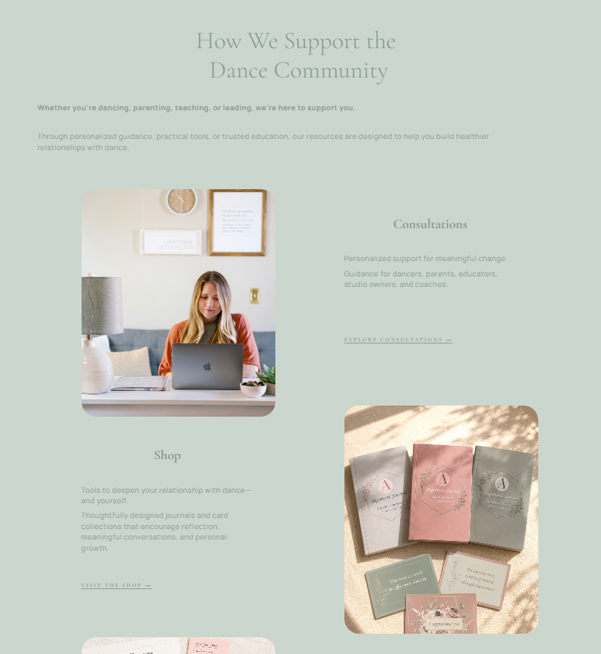 Alignment in Dance Squarespace website services, shop, and resources design
