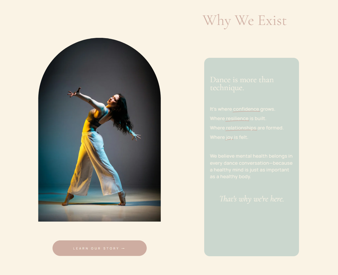 Alignment in Dance website design featuring dance and mental health mission