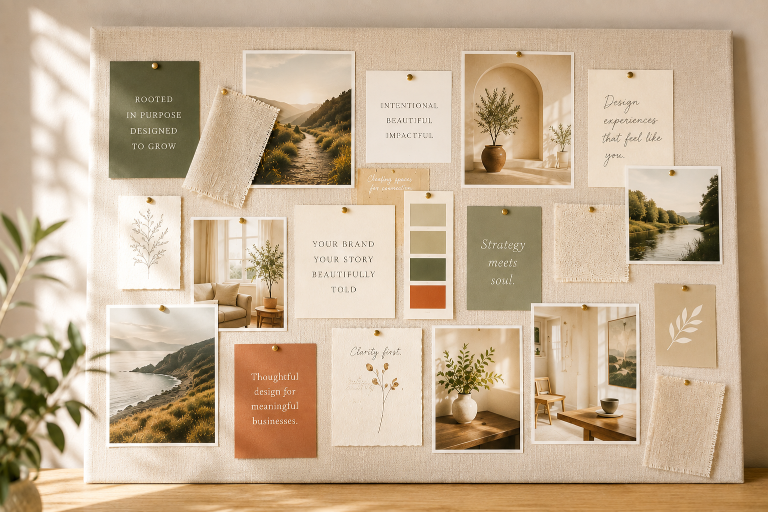 Website strategy vision board with brand colors, imagery, and creative direction
