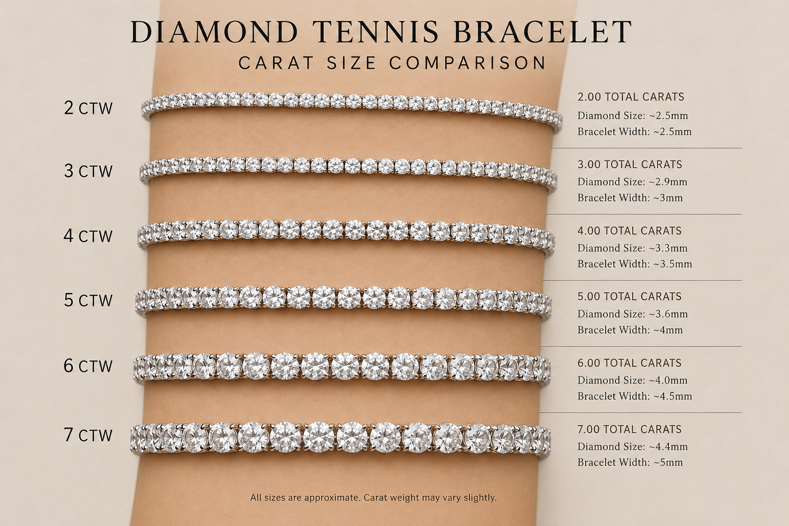 Comparison chart of diamond tennis bracelets with six rows labeled from 2 CTW to 7 CTW, showing increasing carat size, diameter, and width for each, with a background image of a person's arm wearing the bracelets.