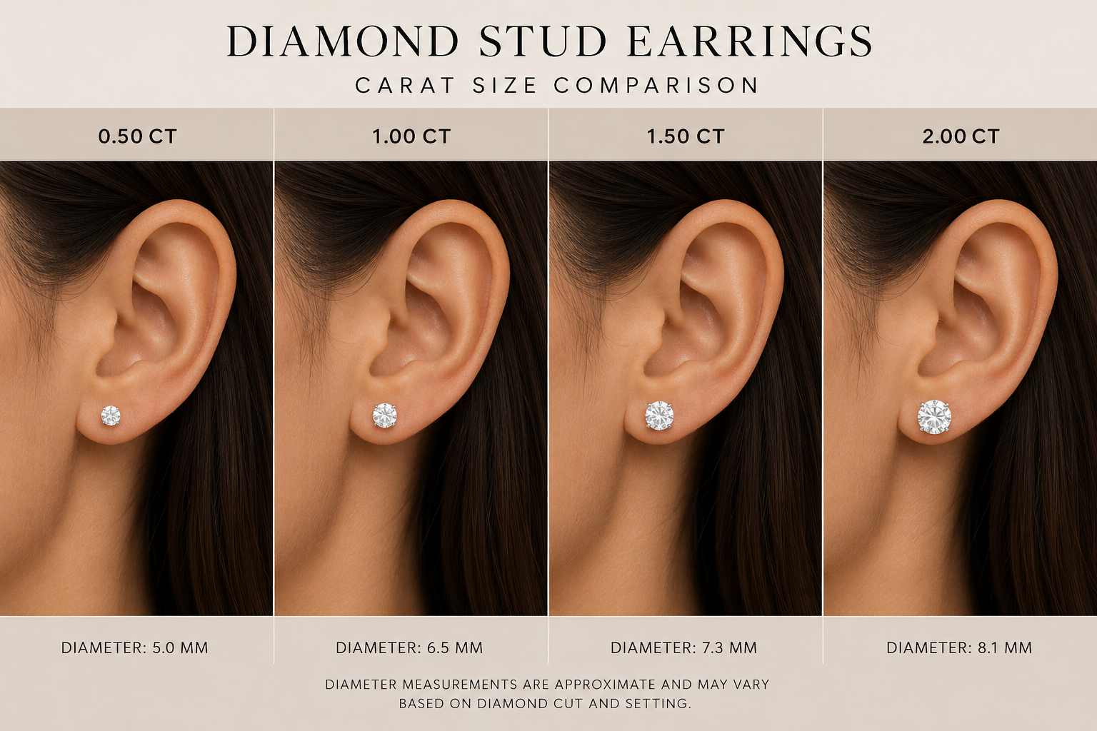 Comparison of diamond stud earrings in four sizes: 0.50 carat, 1.00 carat, 1.50 carat, and 2.00 carats, showing increasing size and diameter from left to right.