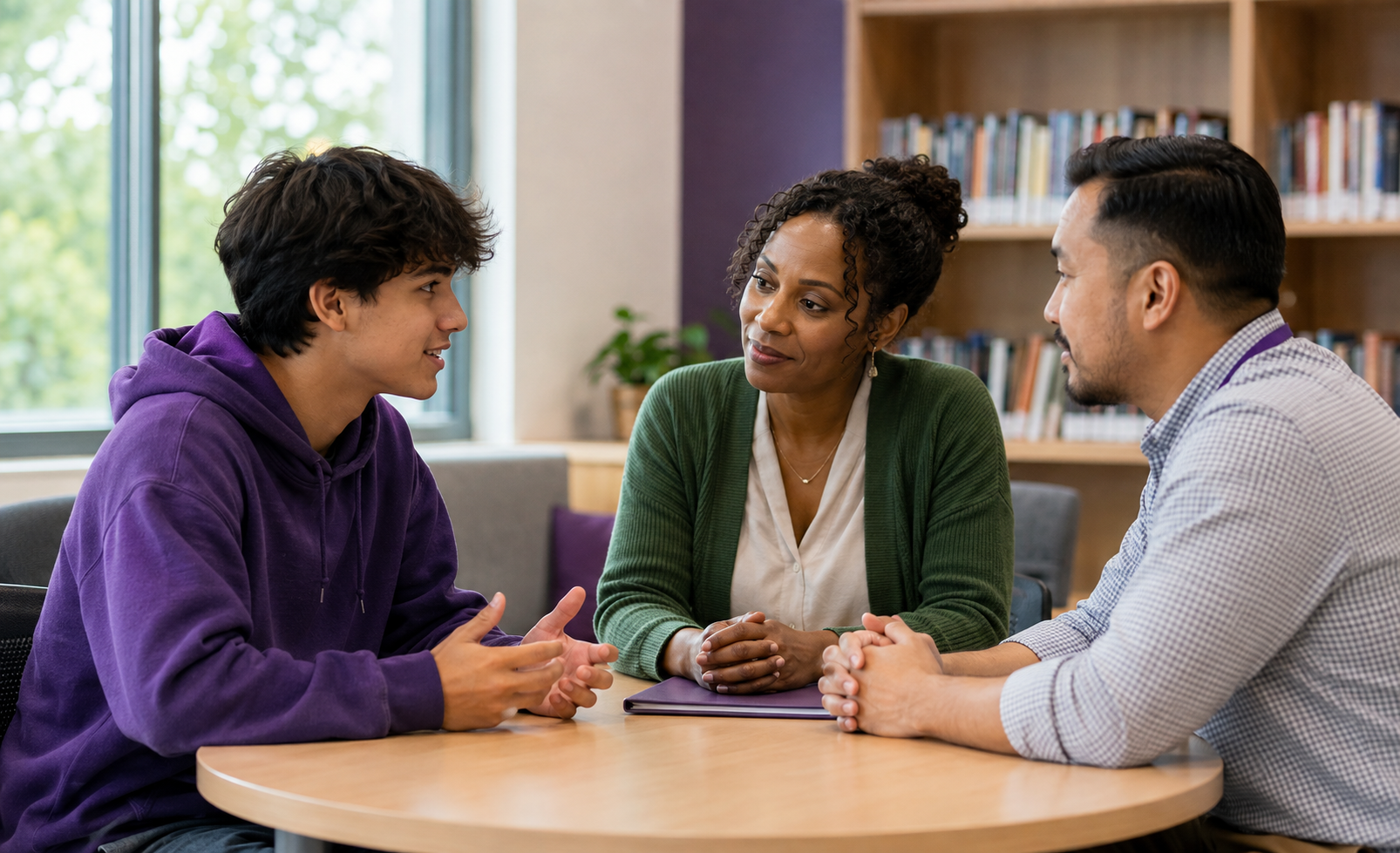 A high school student sharing his perspective with two school professionals.