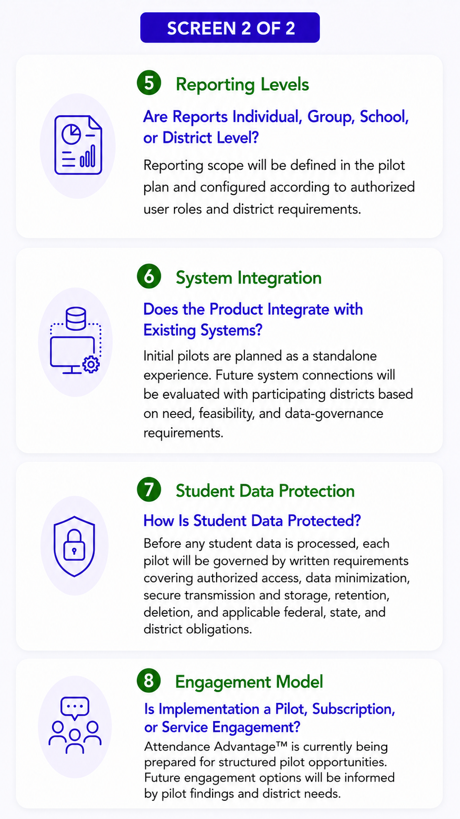 Four cards summarize reporting levels, system integration, student data protection, and the pilot engagement model.