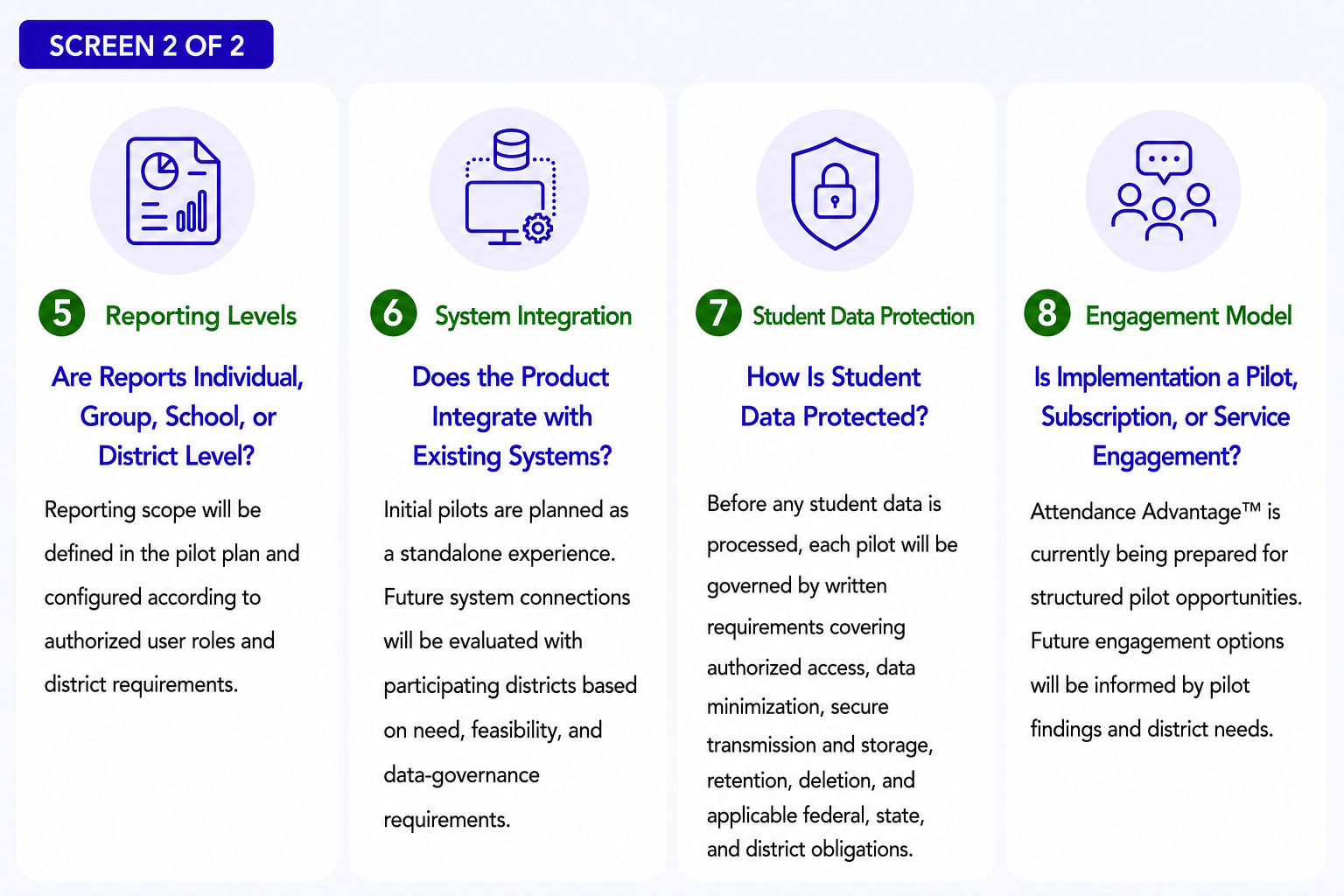 Four cards summarize reporting levels, system integration, student data protection, and the pilot engagement model.