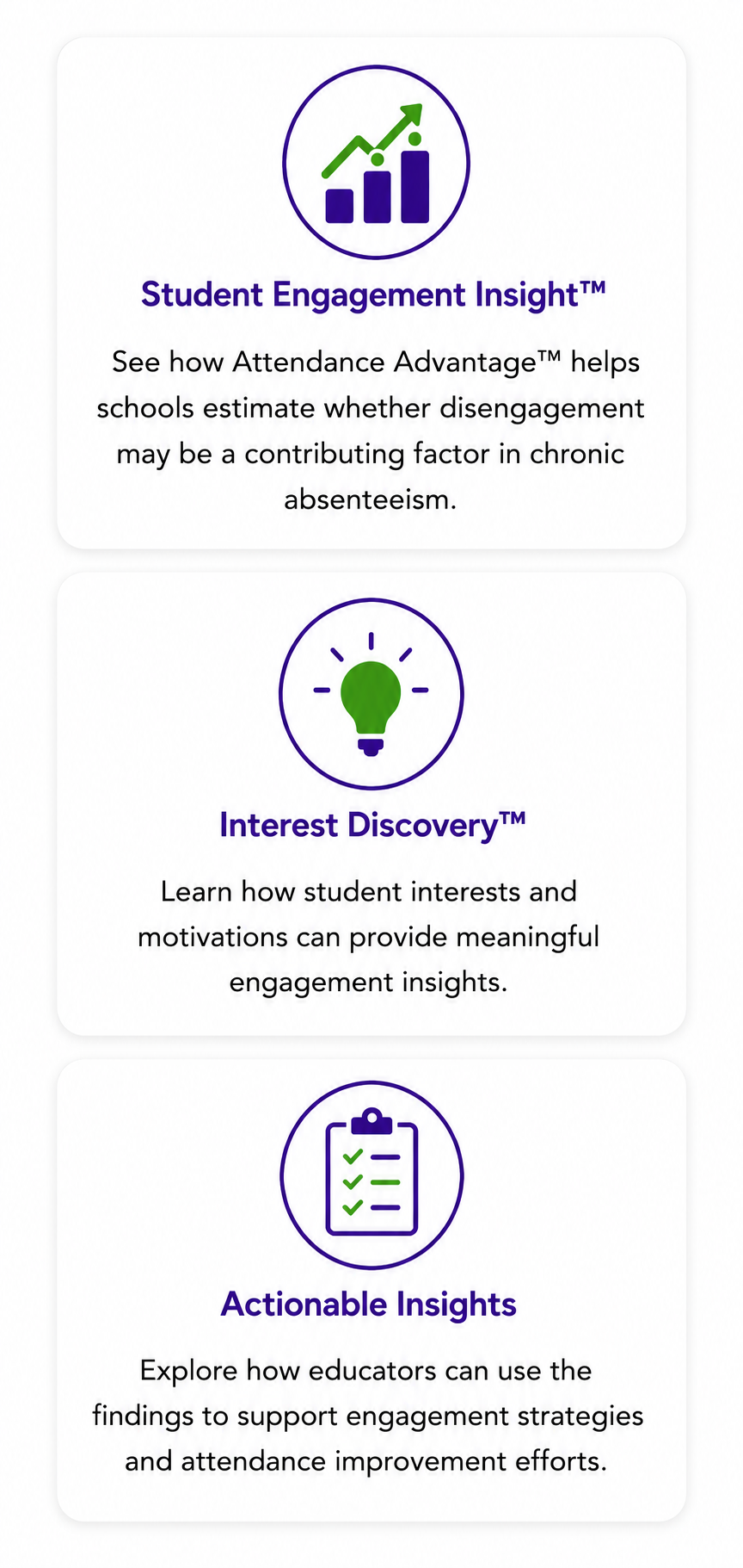 Three cards highlight Student Engagement Insight™, Interest Discovery™, and Actionable Insights.