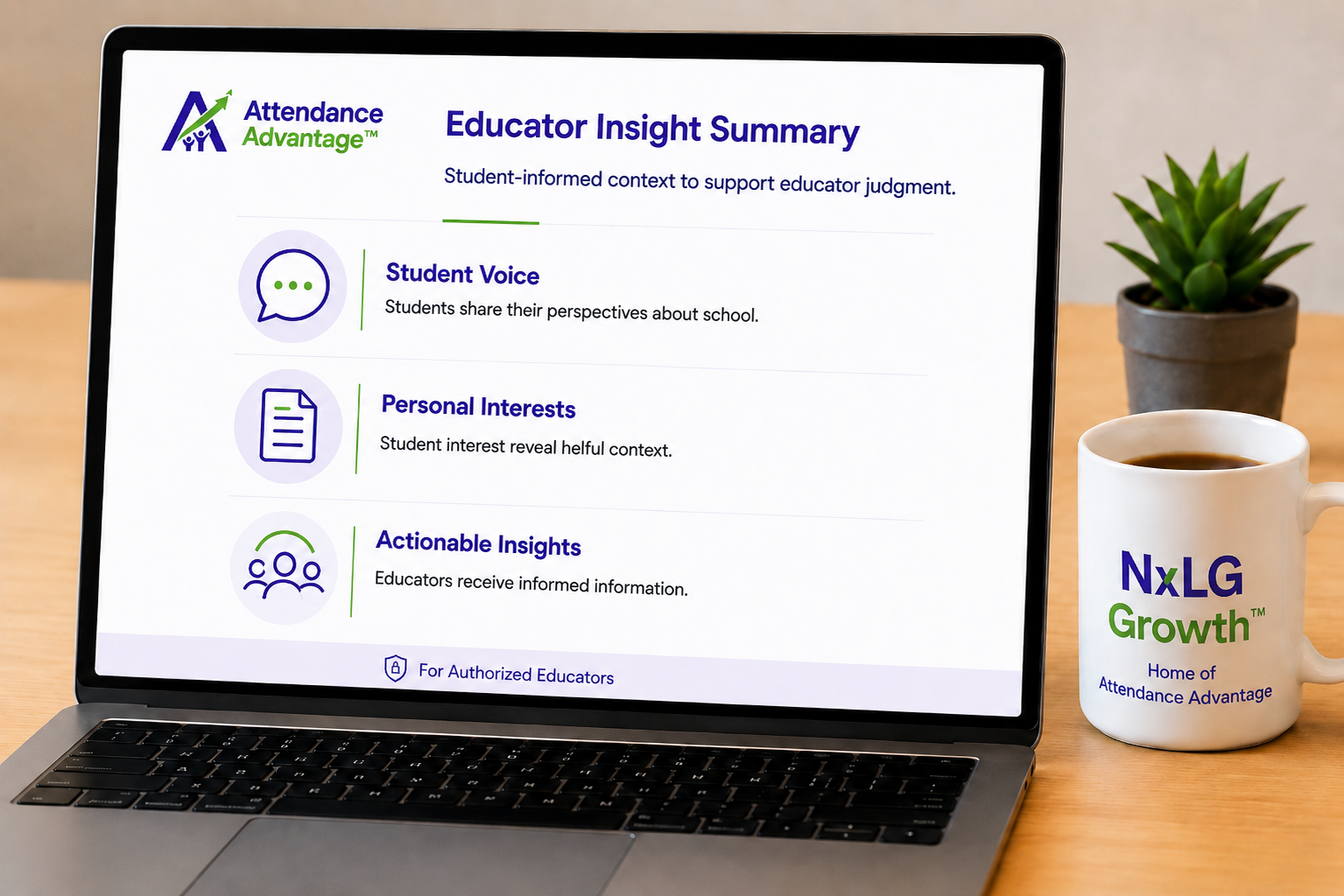 Laptop displays an Educator Insight Summary with student voice, personal interests, and actionable insights.