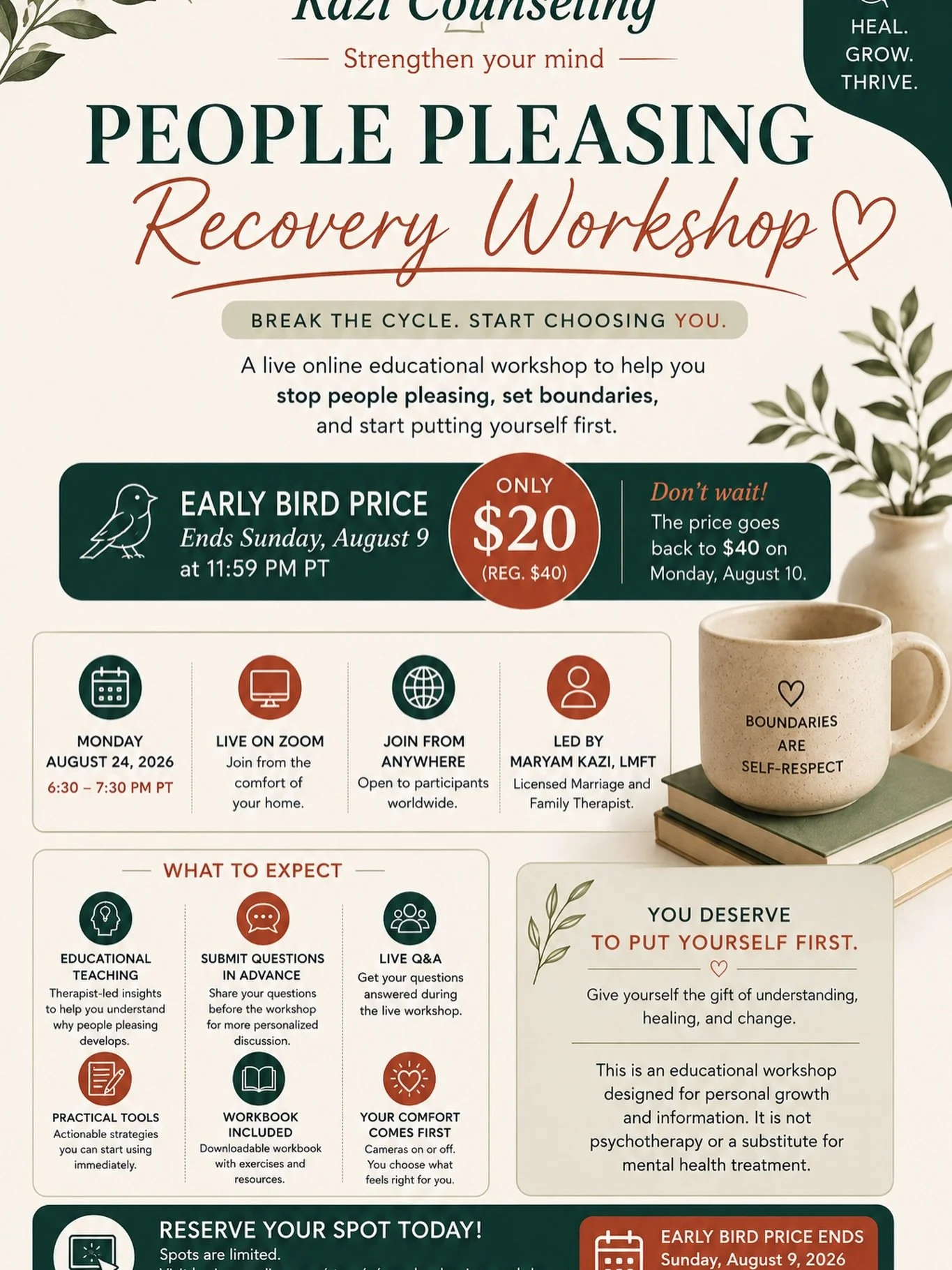 Do you struggle to say no, even when saying yes leaves you exhausted?

You deserve relationships where your worth isn&rsquo;t measured by how much you sacrifice.

Join me for a live online educational workshop where you&rsquo;ll learn why people plea