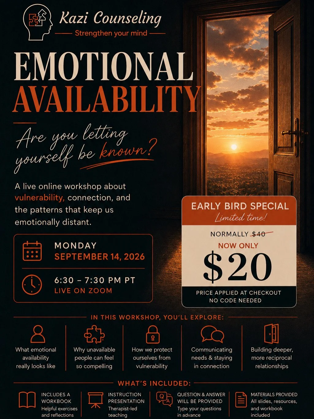 Kazi Counseling Emotional Availability workshop about vulnerability, emotional connection, and patterns of emotional distance.