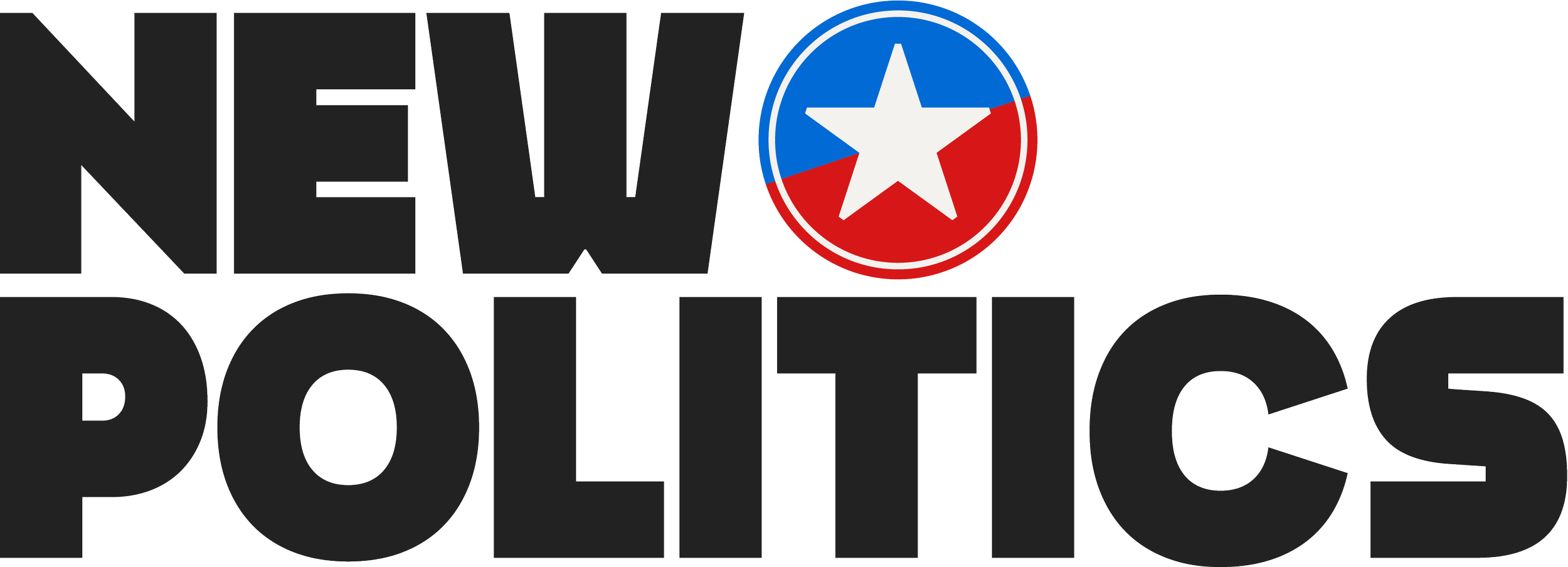 Logo with the words 'New Politics' in bold black text, and a star inside a circle with red, blue, and white colors.