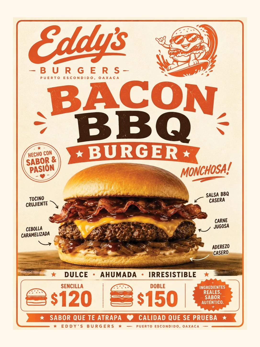 Poster advertising a bacon barbecue burger from Eddy's Burgers in Puerto Escondido, Oaxaca. It features a large image of the burger with bacon, cheese, and a beef patty, and has text describing the ingredients and prices.