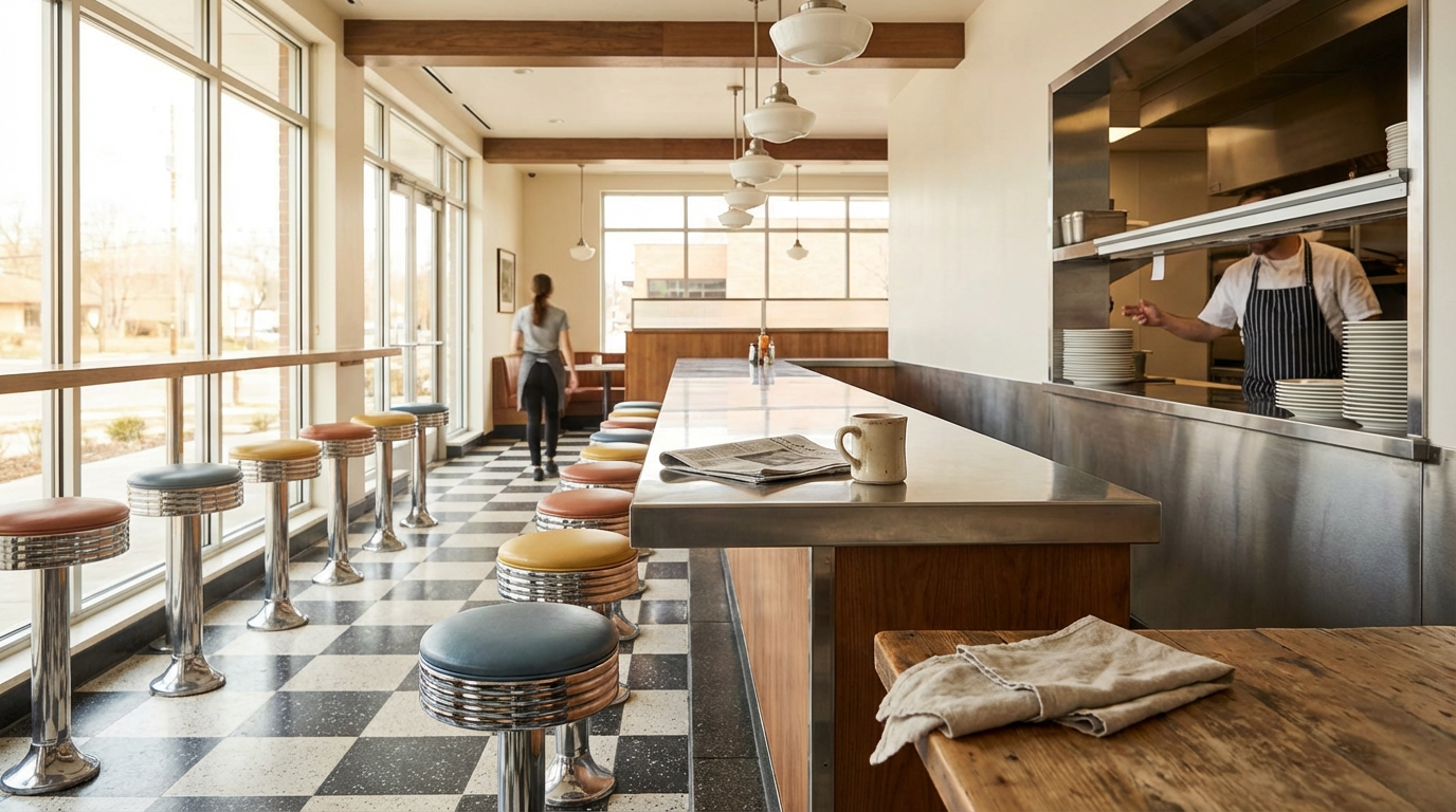 Interior of a vintage-style diner with checkered black-and-white floor, colorful round stools along a counter, large windows, and a view of a kitchen where a chef is working.