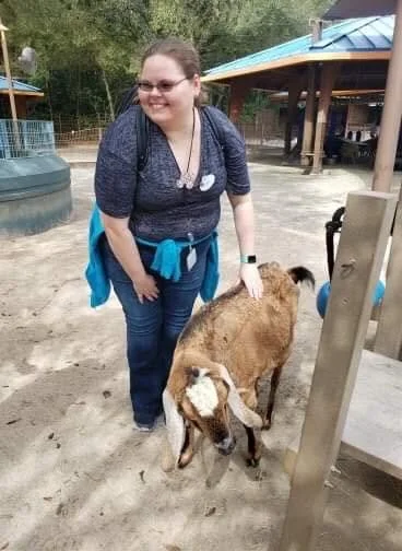 Smiling woman interacting with a young goat at petting zoo
