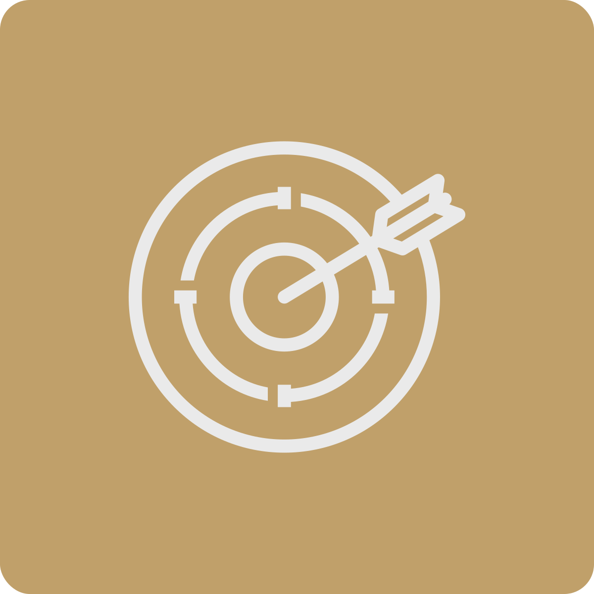 A white outline of a dart hitting the bullseye on a target, set against a mustard-colored background.