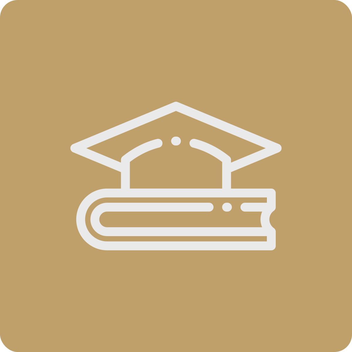 Outline icon of a graduation cap placed on a closed book against a tan background.