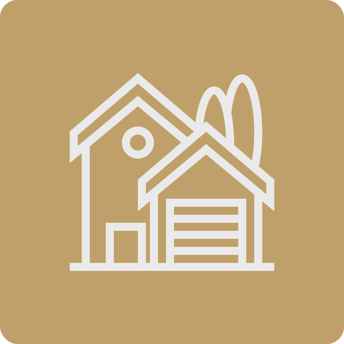 Line drawing of a house with a garage and trees in the background, on a light brown background.