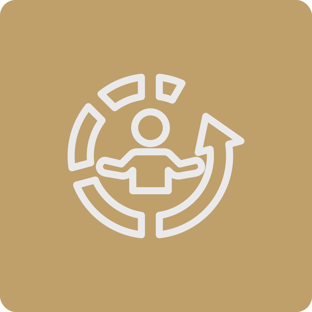 Line drawing of a person with arms outstretched inside a circular arrow, with segments around the circle, on a beige background.