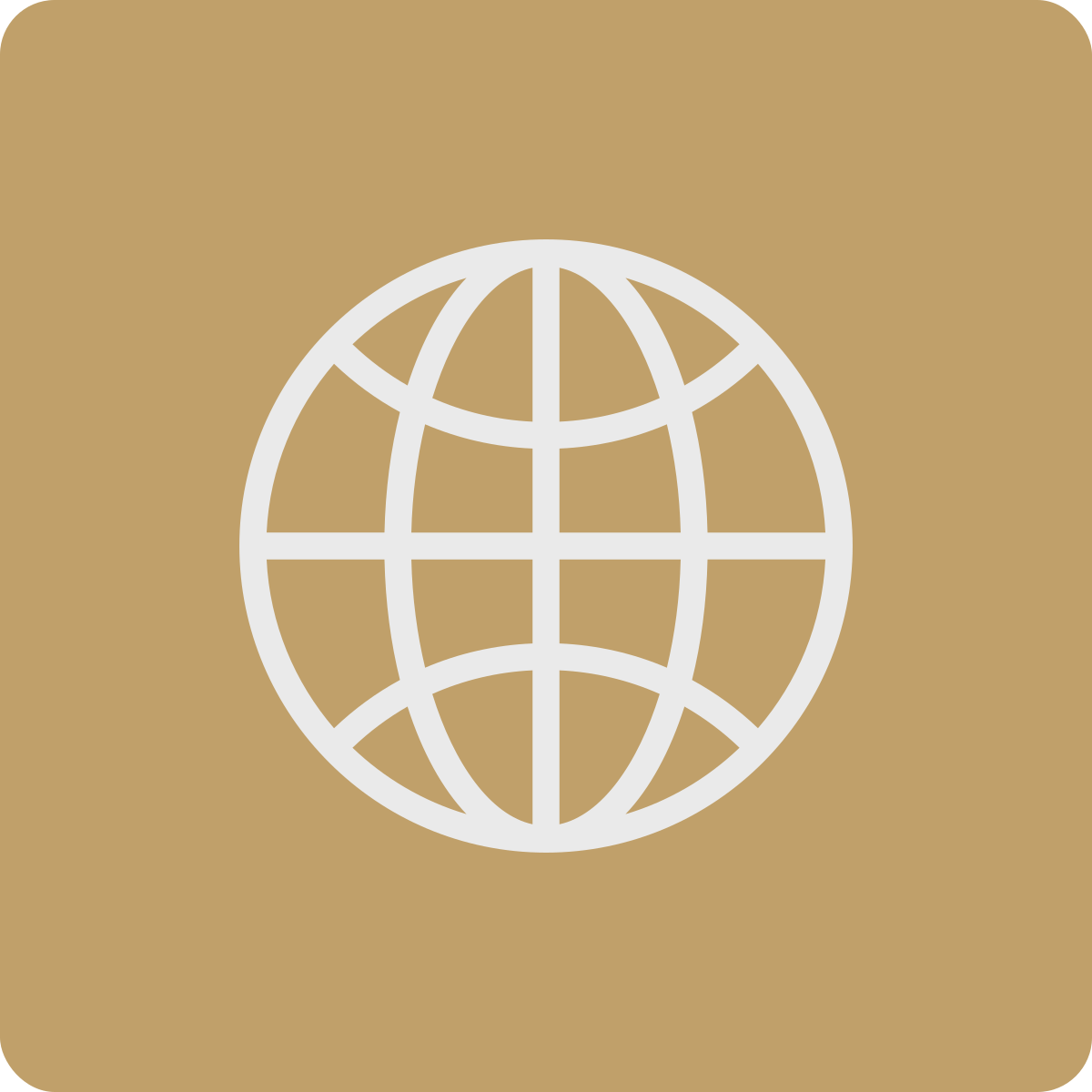 Outline of a globe or world map icon on a tan background.