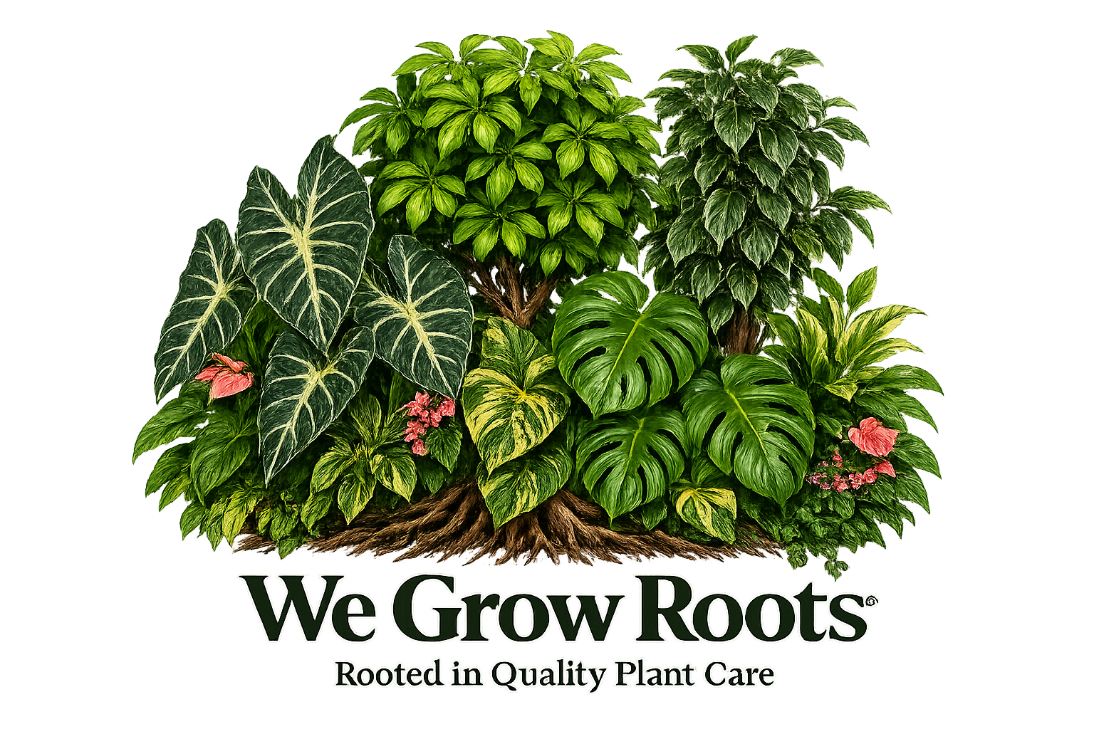A colorful plant display featuring various lush green plants, including large leafy plants with pink flowers, set against a green background. The text 'We Grow Roots' and 'Rooted in Quality Plant Care' appears at the bottom.