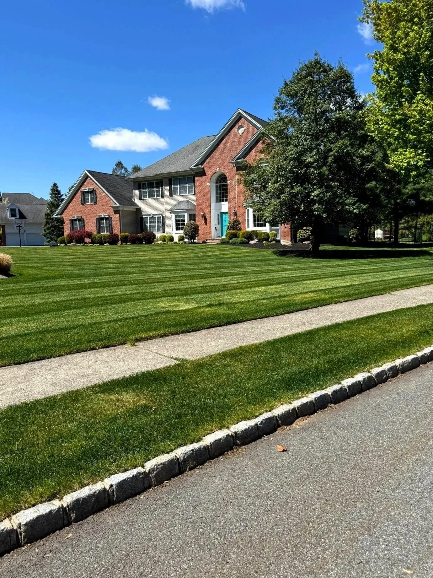 A suburban house with a well-kept lawn, large trees, and a concrete sidewalk in front on a sunny day.