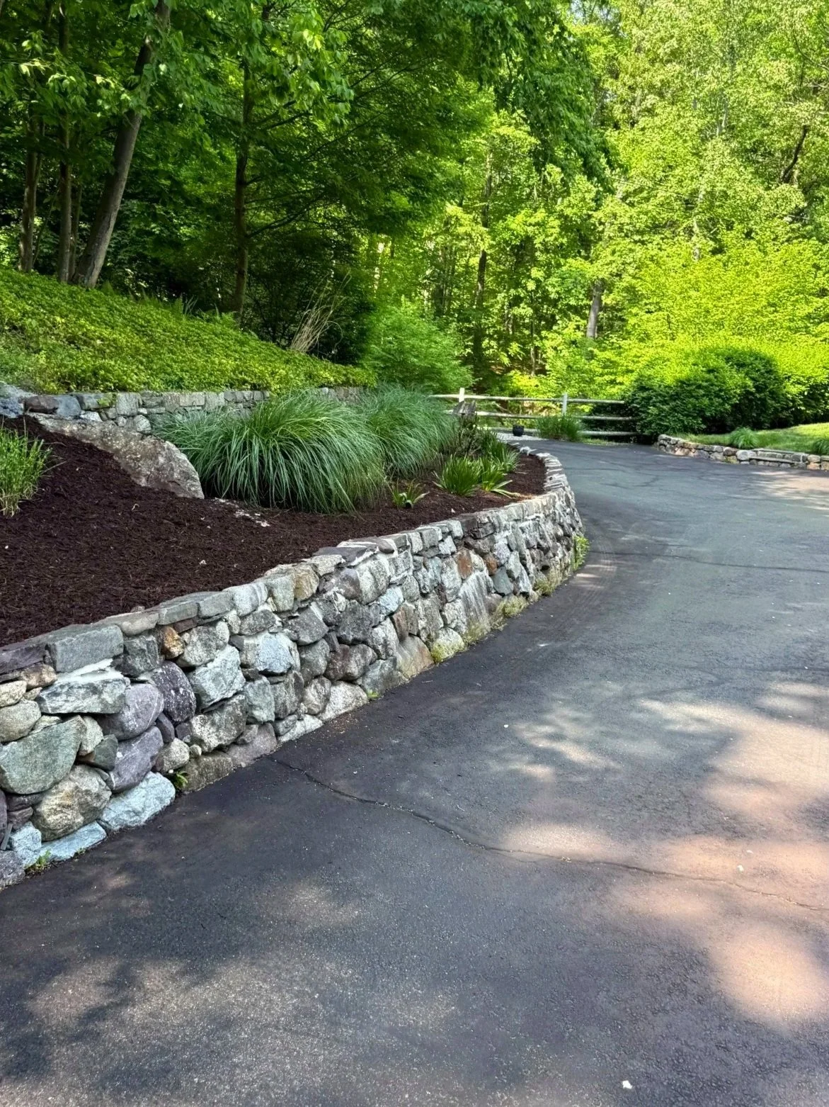 A paved driveway curves beside a stone retaining wall with plants, in a lush, green garden area surrounded by trees and shrubs.