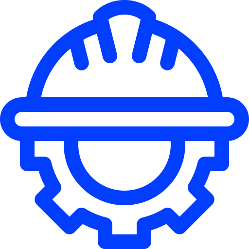 Blue icon of a hard hat with gear surrounding it.