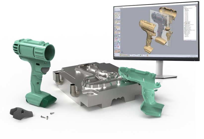 A CAD model for a drill with complex ergonomics being designed in Geomagic Freeform
