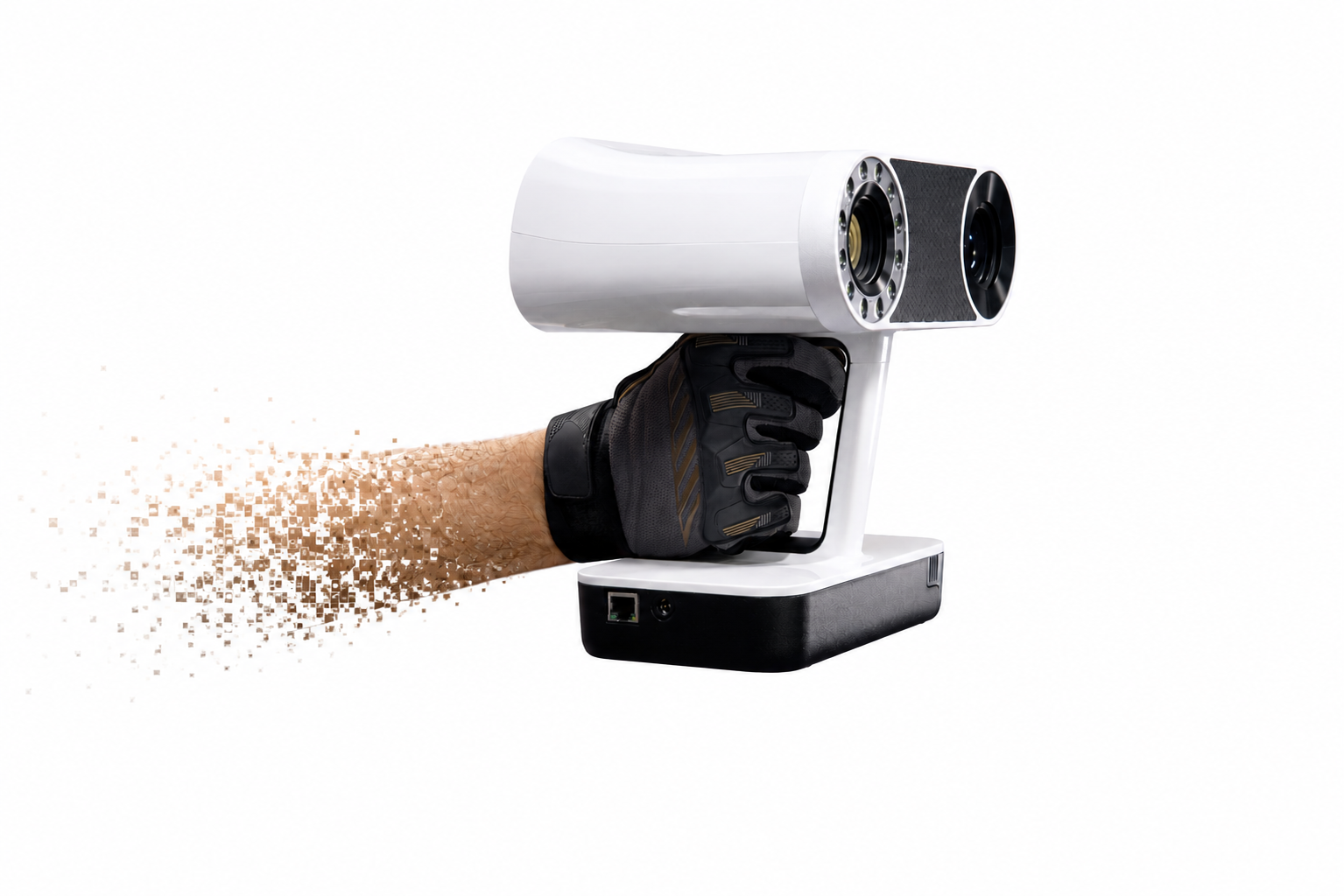 A robotic arm with a glove holding a camera that is dispersing digital pixels, against a white background.