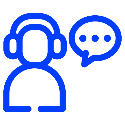 Line drawing of a person wearing headphones with a speech bubble containing three dots, indicating conversation or communication.