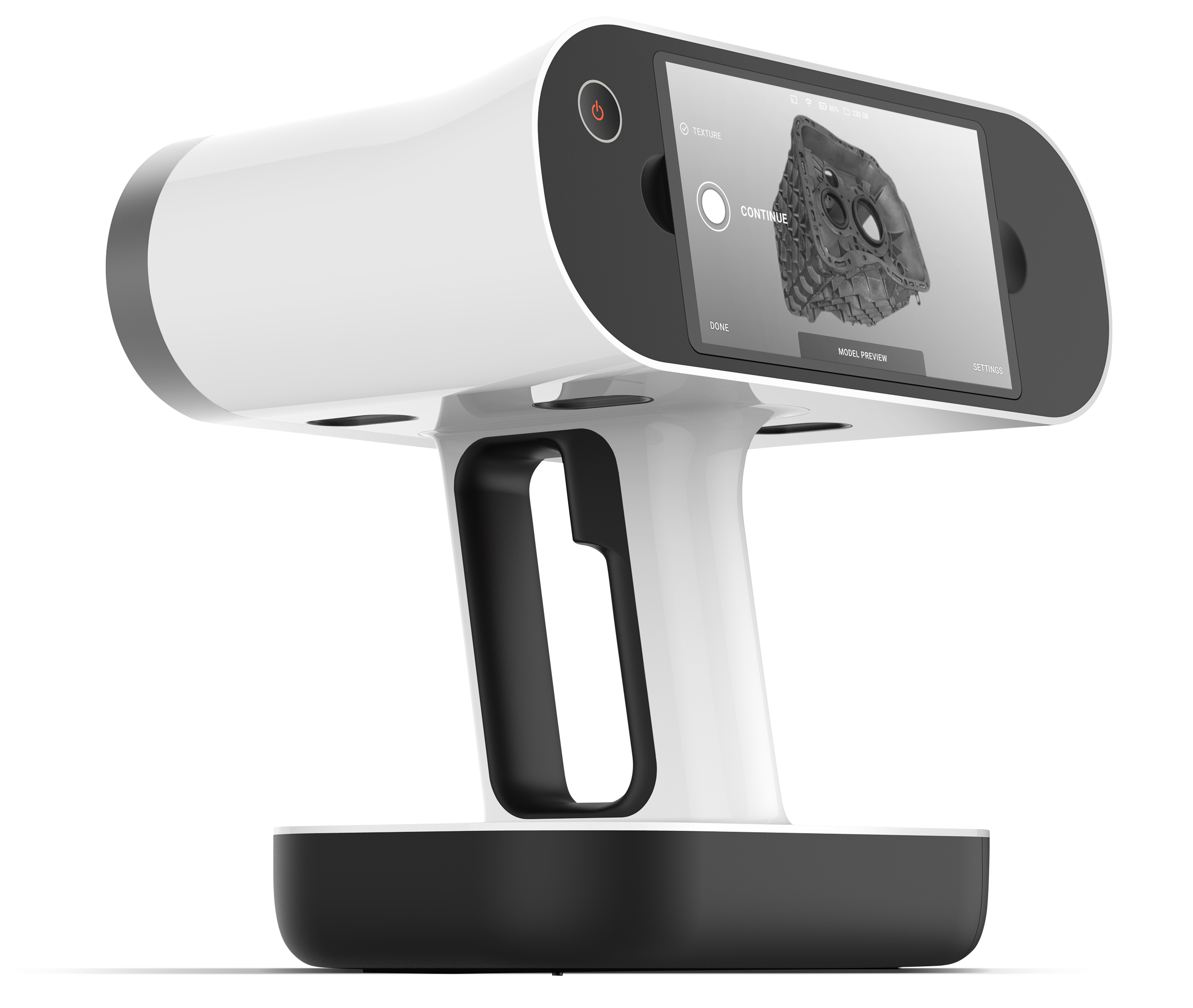 A 3D rendering of a device with a screen displaying an image of a mechanical part, with options for texture, continue, done, and settings on the screen.