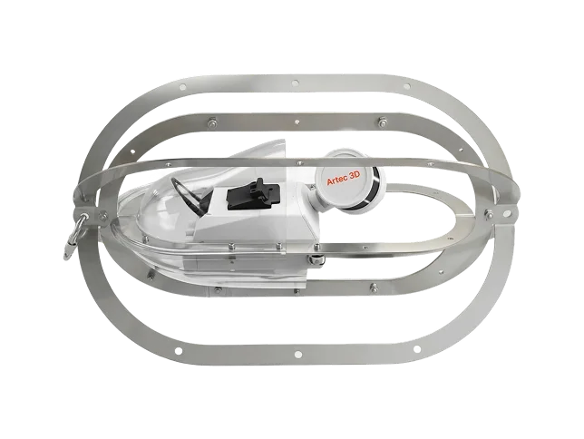 The Artec Jet LiDAR scanner mounted in a cage for lowering into shafts and pipes