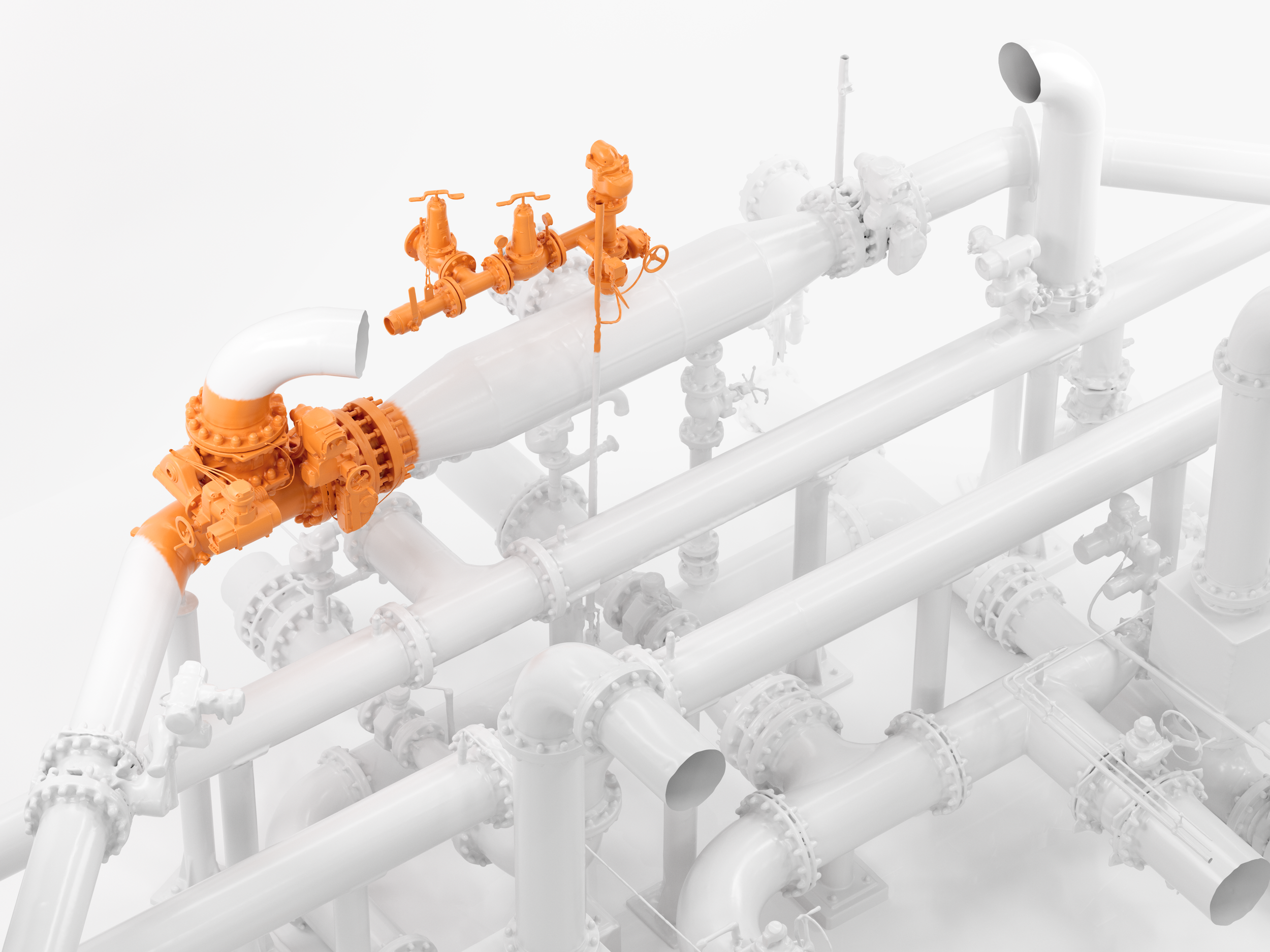 A network of pipes modeled in CAD from combined scan data from the Artec Leo and Artec Ray II