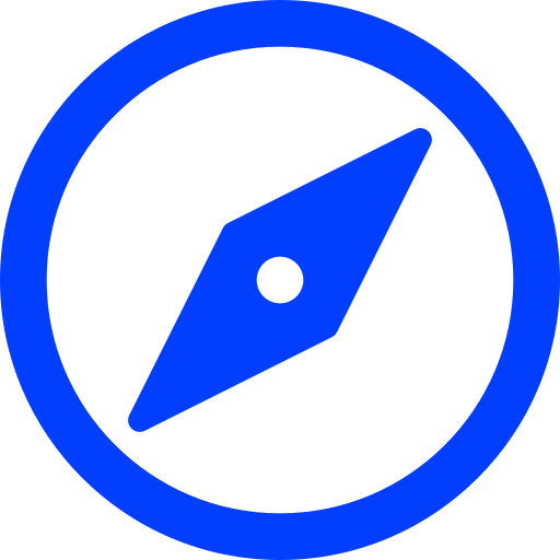 Icon of a compass with a blue outline and a black background.