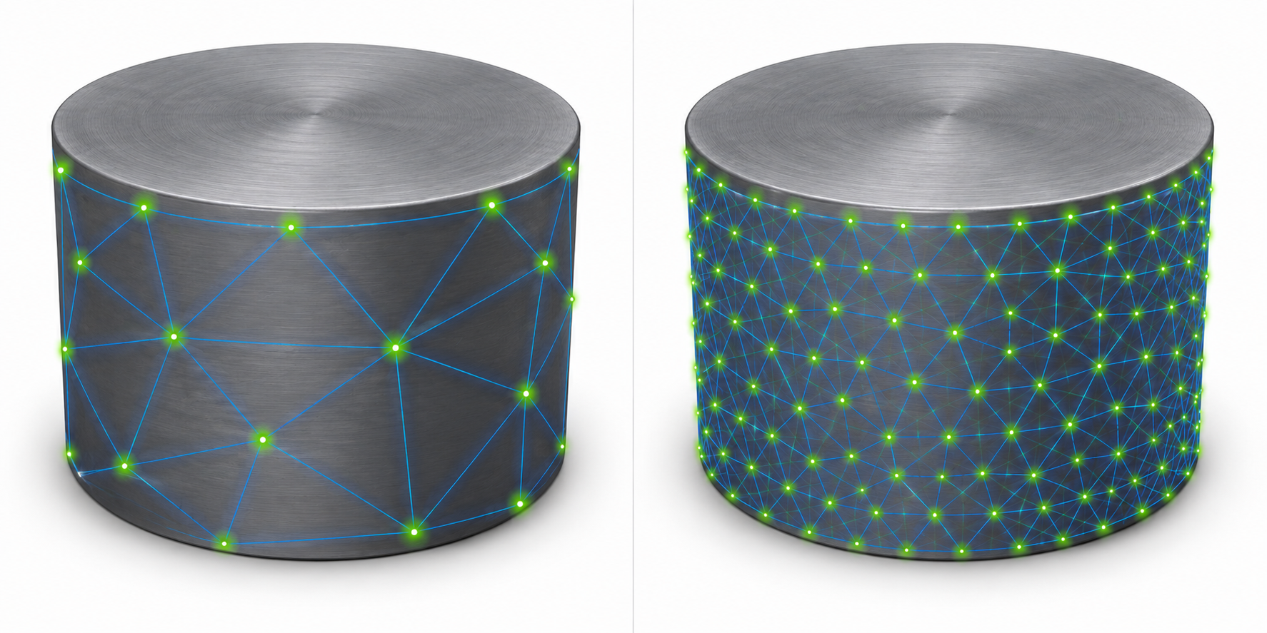 Two cylinders displaying a difference in 3D scan mesh resolution