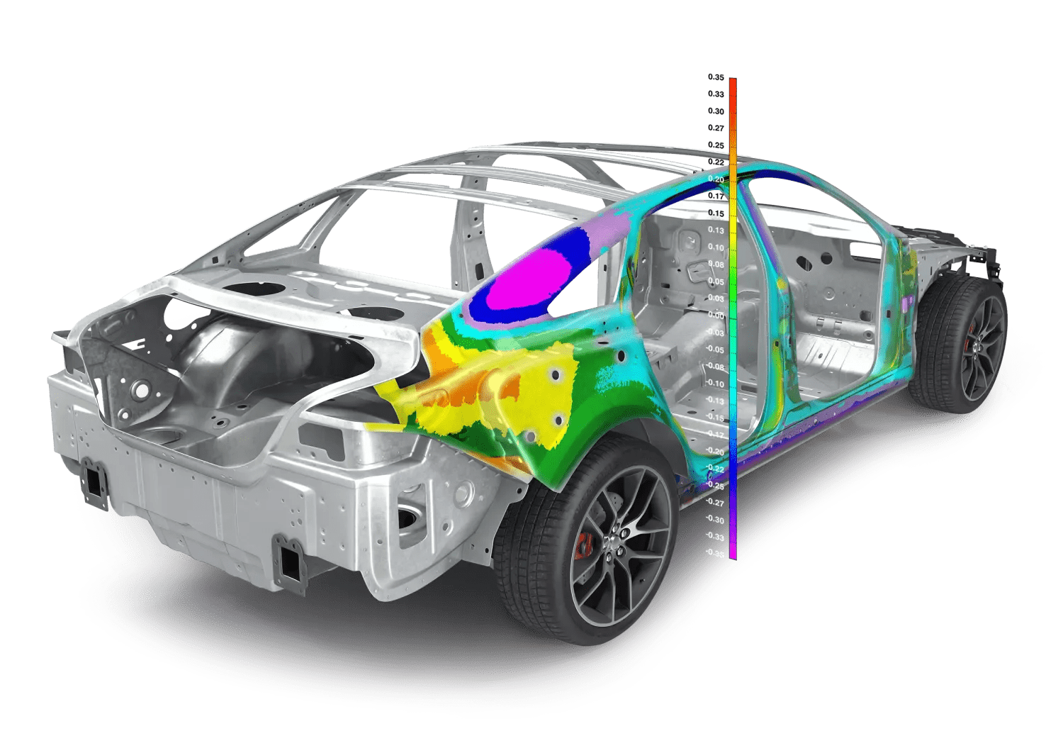 inspection of a car body being performed in Polyworks Inspector, a tool with industry leading flush & gap inspection capability