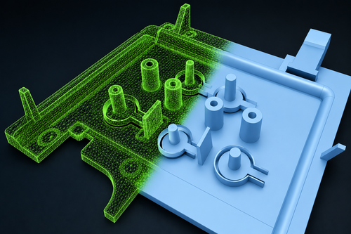 Digital rendering of two 3D printed objects, one in green and the other in light blue, with internal and external views showing detailed structural features.