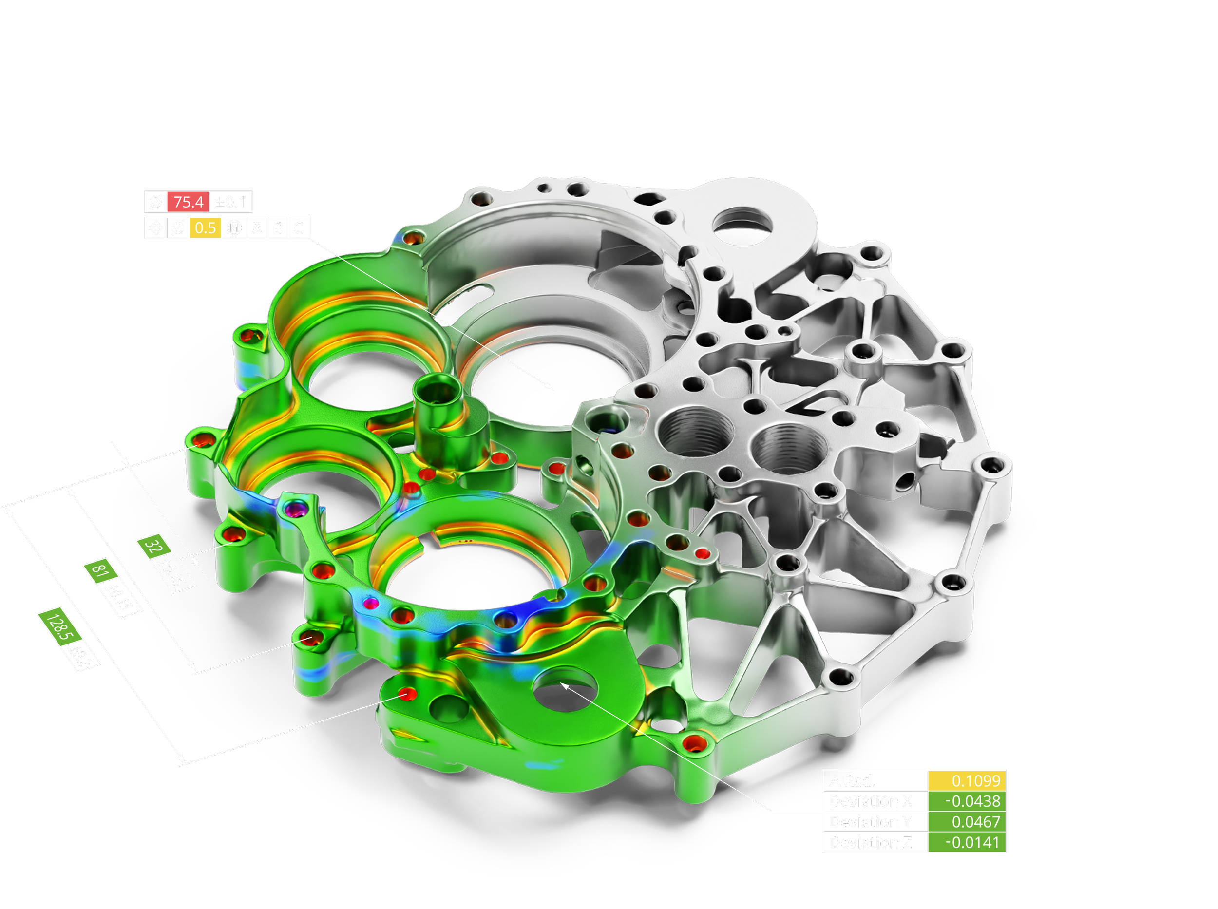 A 3D computer-aided design model of a mechanical component, possibly an engine part, with various color-coded measurements and annotations indicating tolerances and deviations.