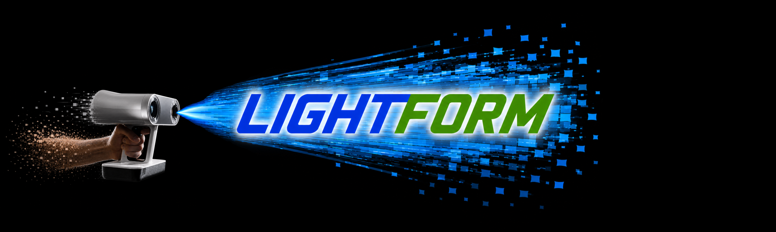 A hand holding a laser gun emitting a blue laser beam that spells out the word "LIGHTF d6RM" in digital font, with digital blue pixels and particles in a black background.
